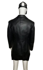 Black leather jacket on a mannequin against a plain background